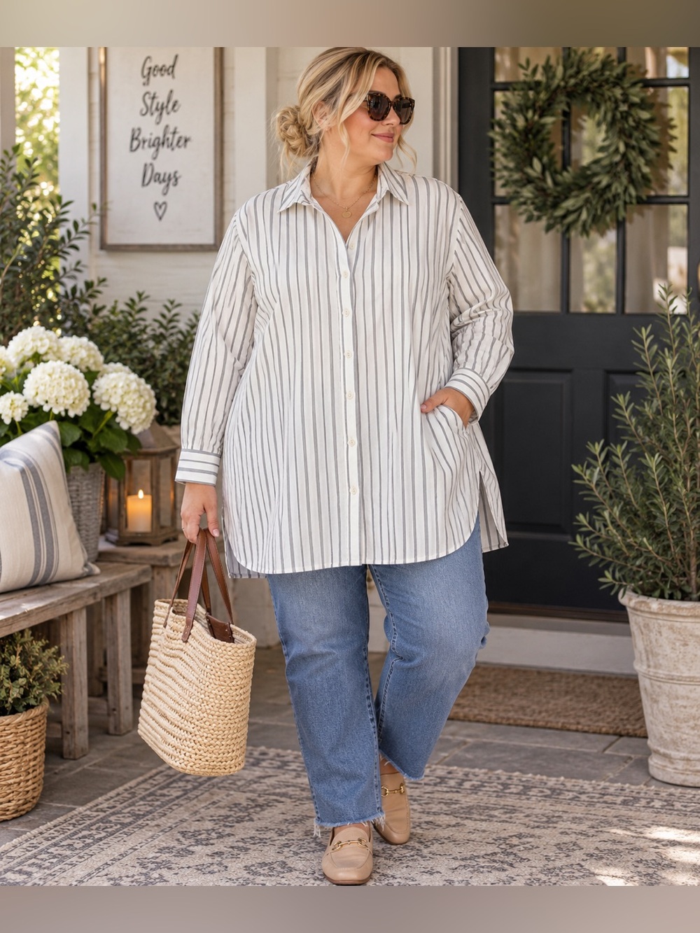 J. Jill Cream Tunic Button-Down with Gray Pinstripes